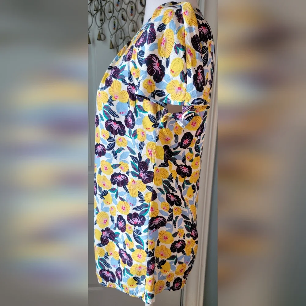 Boden Florence Floral Blouse Women's 4 Yellow Blue Pansies Silk Blend Short Slee